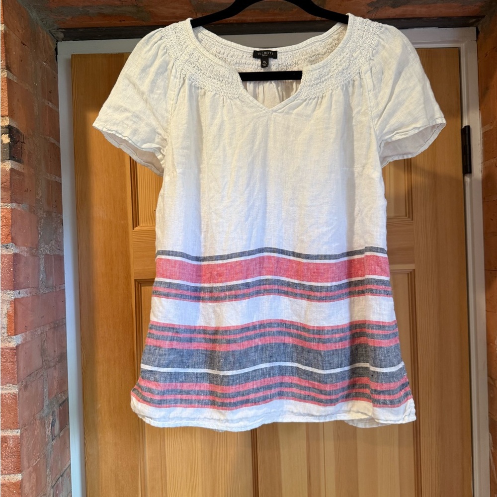 Talbots Linen White Blouse with Pink and Gray Stripes